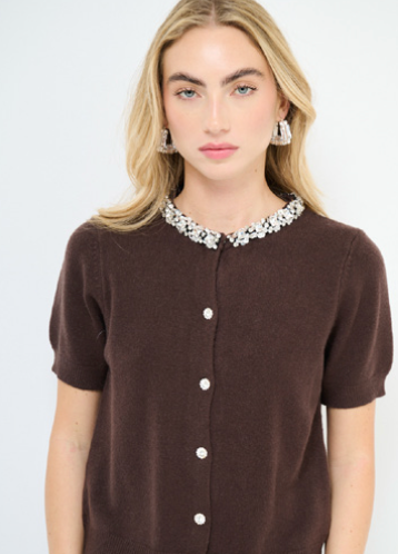 Cardigan mezza manica con collo gioiello