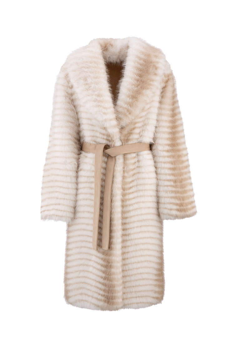 Pelliccia lunga con cappuccio e cintura