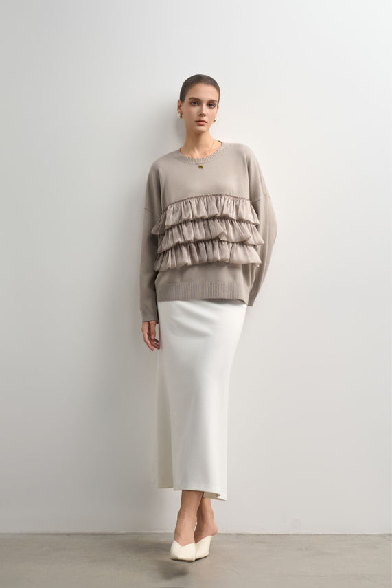 Maglia girocollo con rouches in ecopelle sul petto 🎀