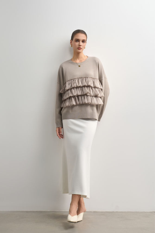 Maglia girocollo con rouches in ecopelle sul petto 🎀